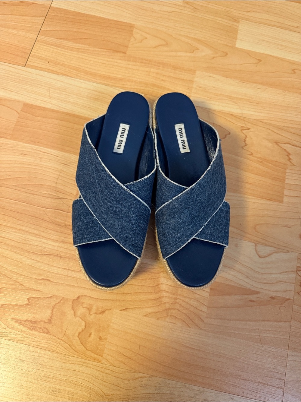 Miu Miu Denim Crisscross Espadrille Slides - Navy Blue